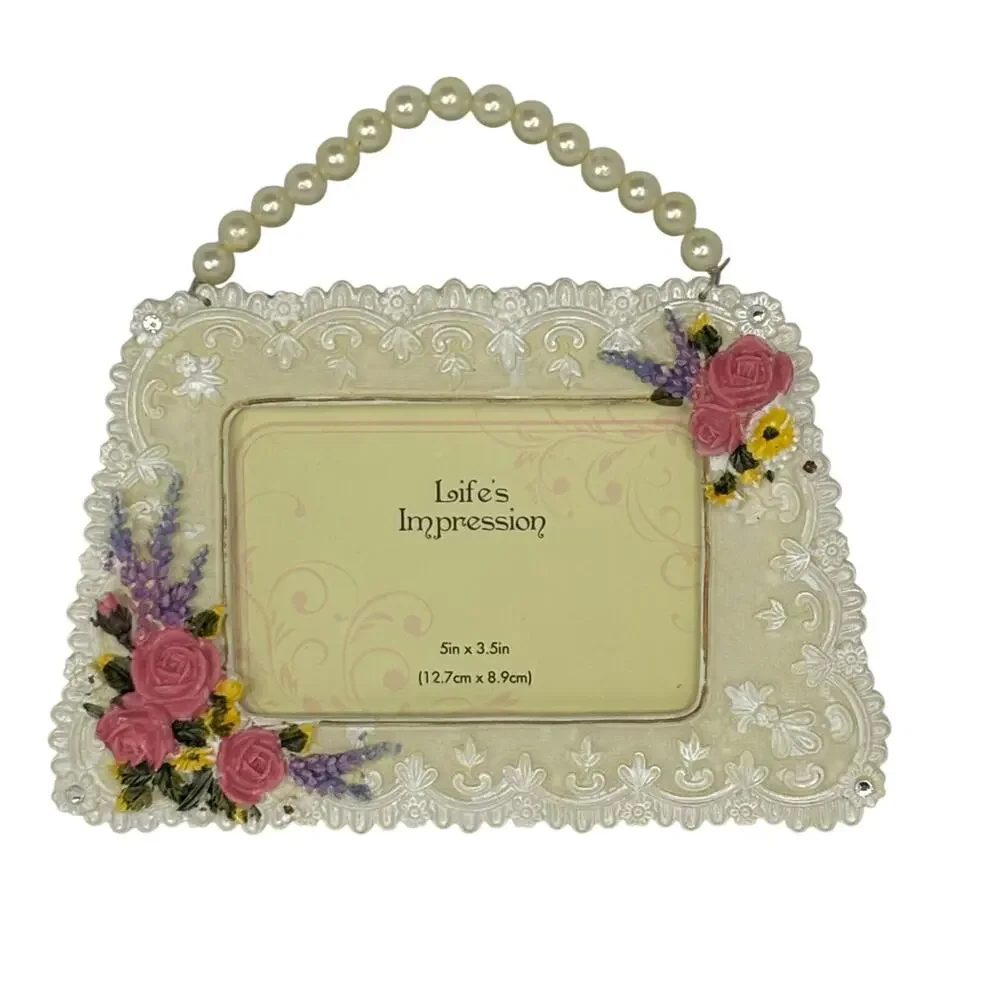 Set of 2‎ Life’s Impression Floral Picture Frames Pearl Handle 5x3.5 No Glass